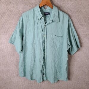 Vintage Lands End Shirt Mens XL Green Short Sleeve Linen Button Down Regular Fit